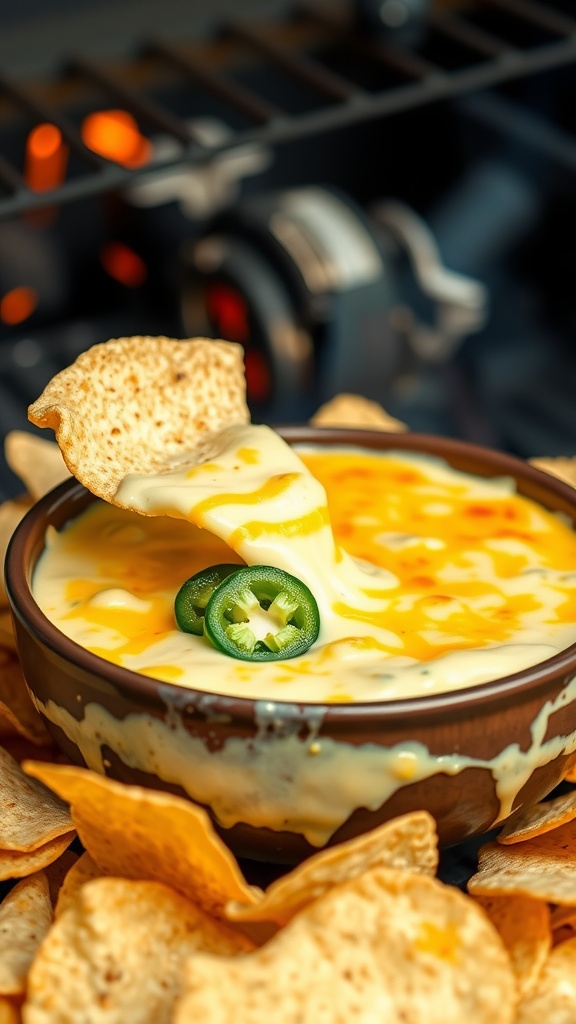 Smoky Grilled Queso Dip Recipe Smoky grilled queso dip in a bowl surrounded by tortilla chips, garnished with jalapeño slices.